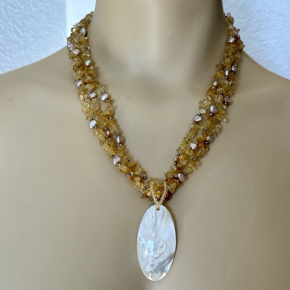 VTG Lucas Lameth Necklace 20 Inch Citrine Beads MOP Pendant 925 Sterling‎ 63.4g